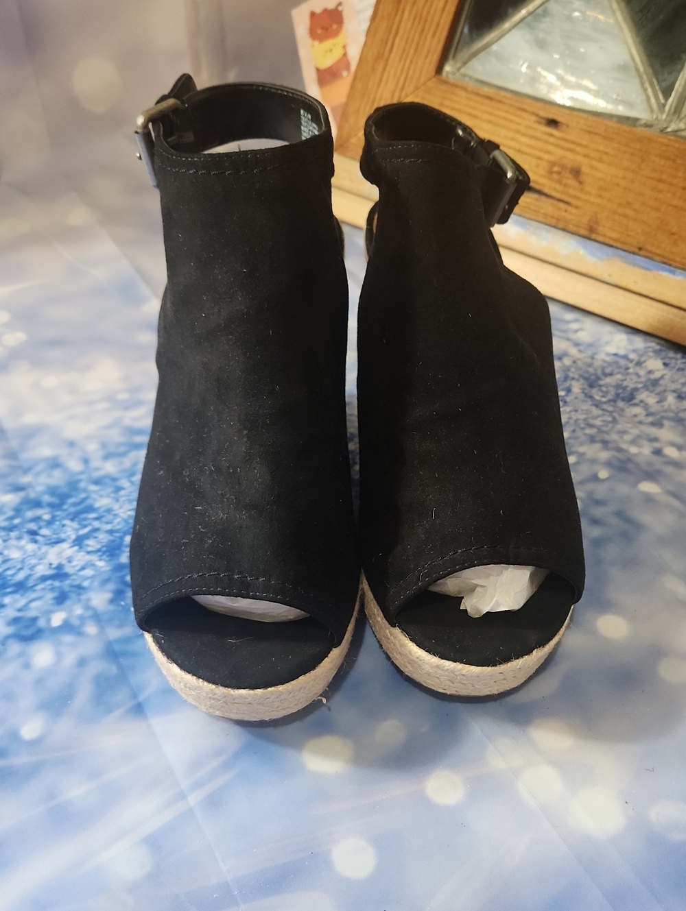 Universal Thread Black Suede Open-Toe Espadrille Wedges